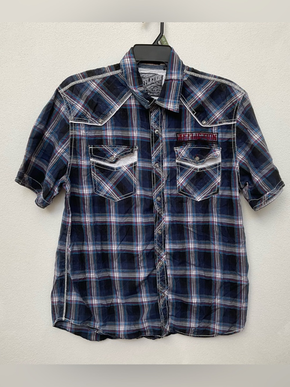 Affliction Thunder City Blue, White Plaid Short Sleeve Snap Front Shirt Size 2XL
